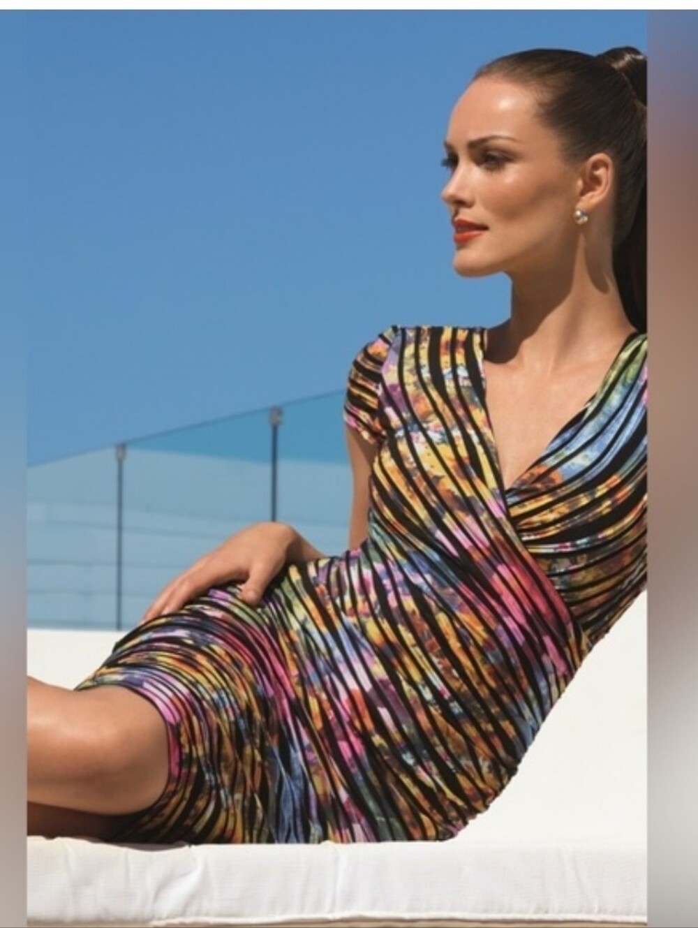 Joseph Ribkoff Multicolor Striped V-Neck Ruch Dress